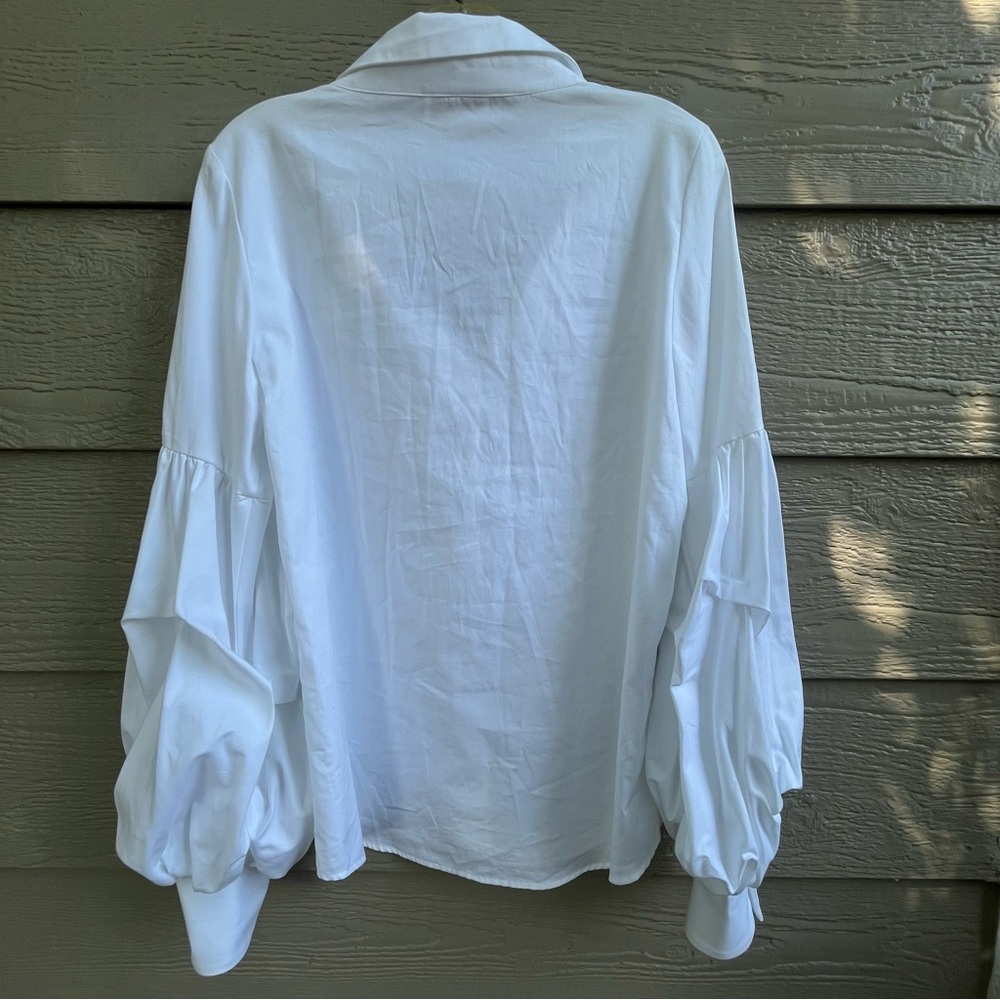 Petersyn White Cotton Medium‎ Blouse Buttons LS Puffy Sleeves Open Neck Collar - Picture 10 of 11